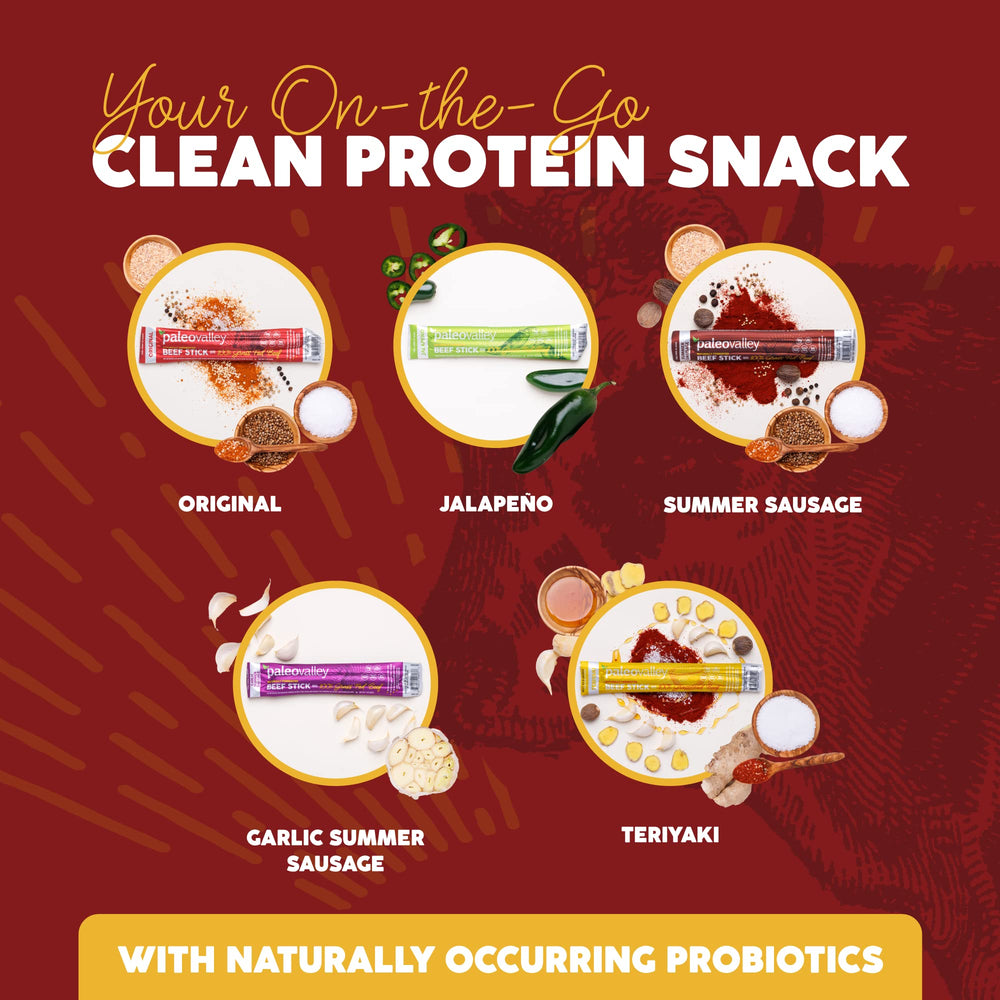 Paleovalley USA pasture-raised beef sticks emphasize clean sourcing.