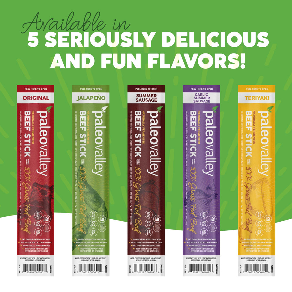 Paleovalley USA pasture-raised beef sticks on a clean counter.