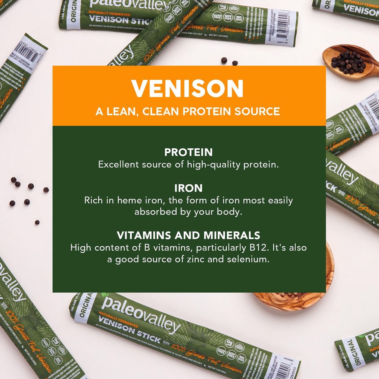 Paleovalley venison sticks flavor close-up showing balanced taste profile.