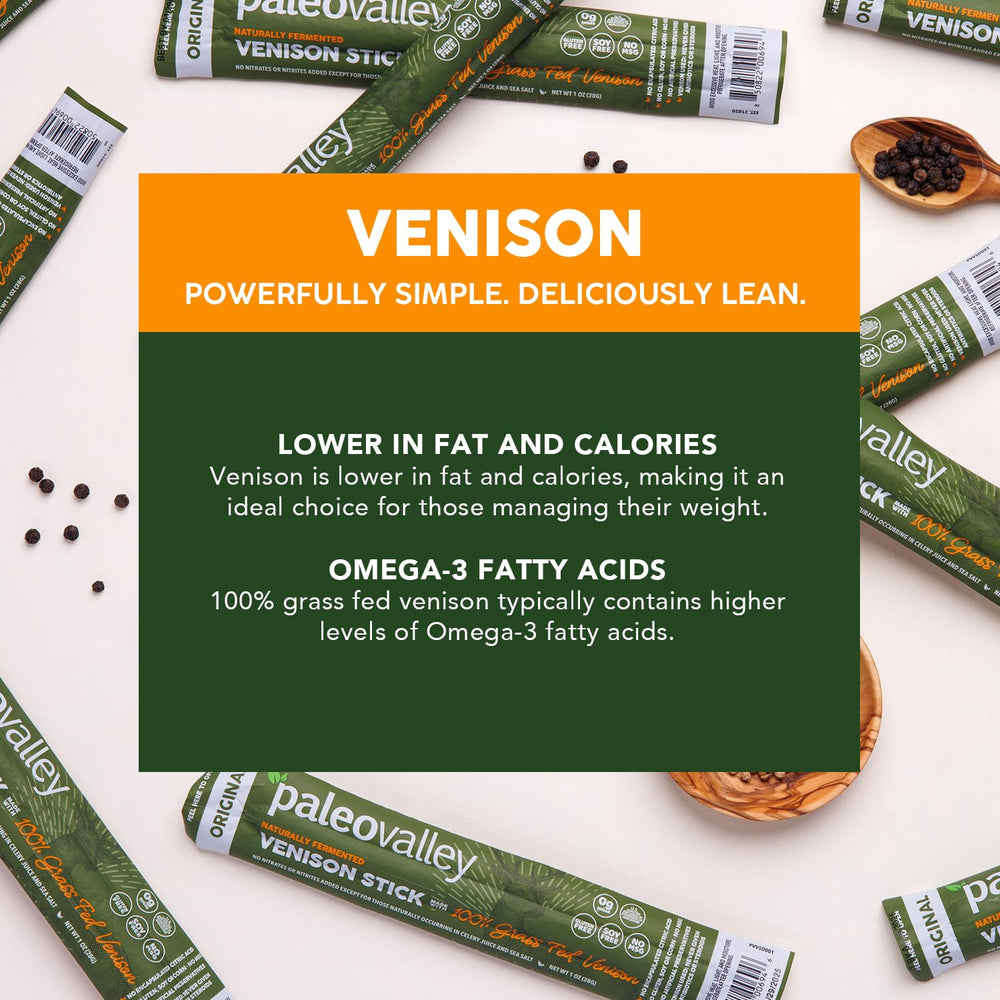 Paleovalley venison sticks gluten-free label emphasis on clean ingredients.