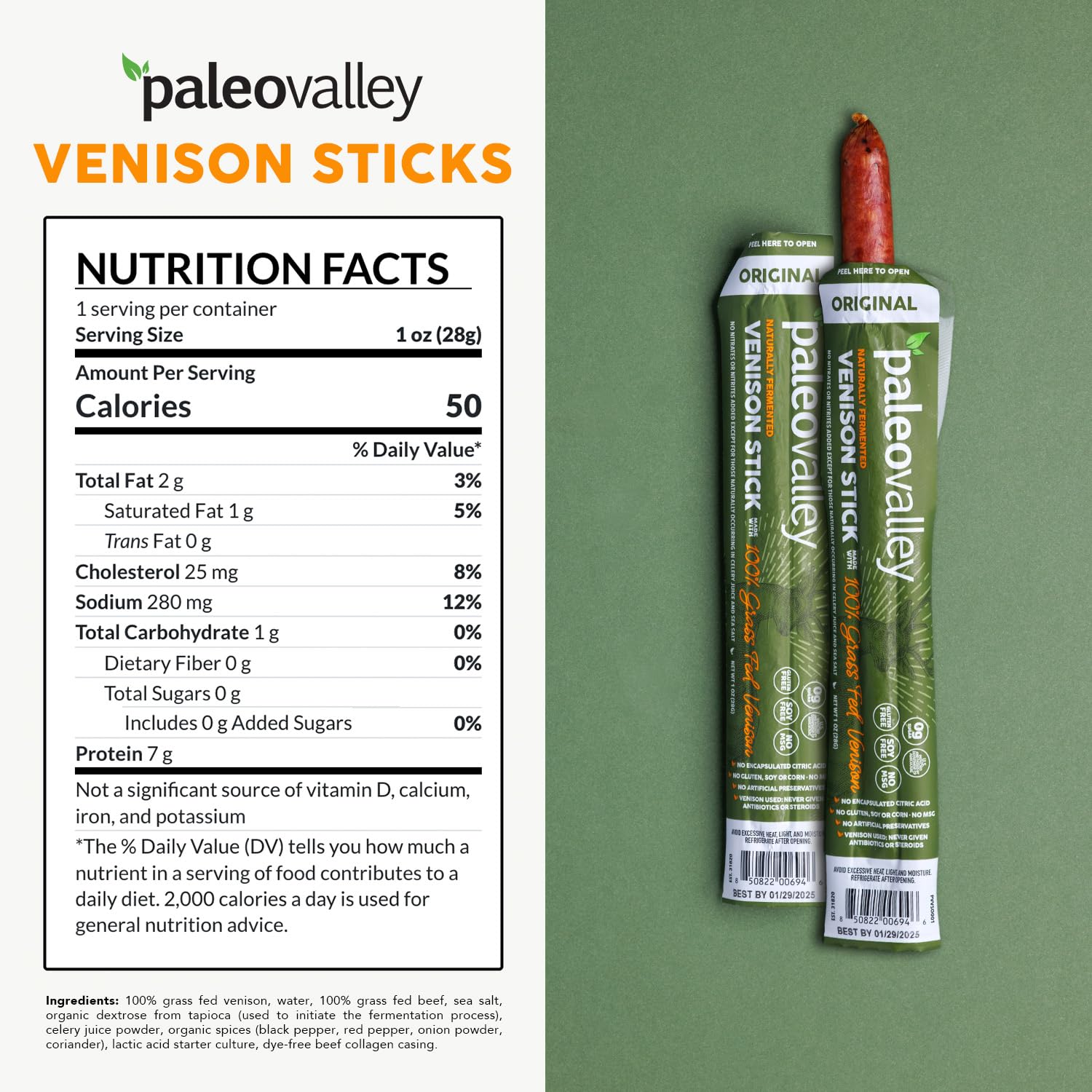 Paleovalley venison sticks ingredient panel close-up showing organic spices.