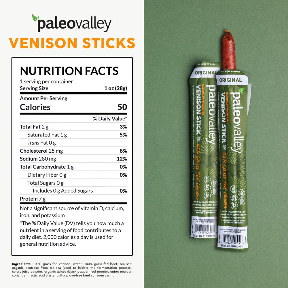 Paleovalley venison sticks ingredient panel close-up showing organic spices.