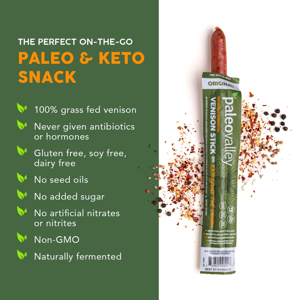 Paleovalley venison sticks on-the-go scene illustrating portable protein.