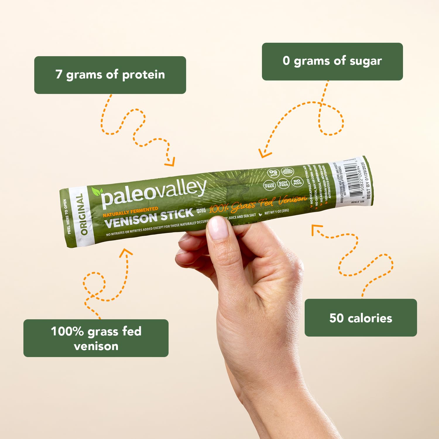 Paleovalley venison sticks packaging close-up highlighting shelf-stable, nitrate-free snack.