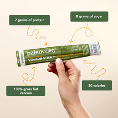 Paleovalley venison sticks packaging close-up highlighting shelf-stable, nitrate-free snack.