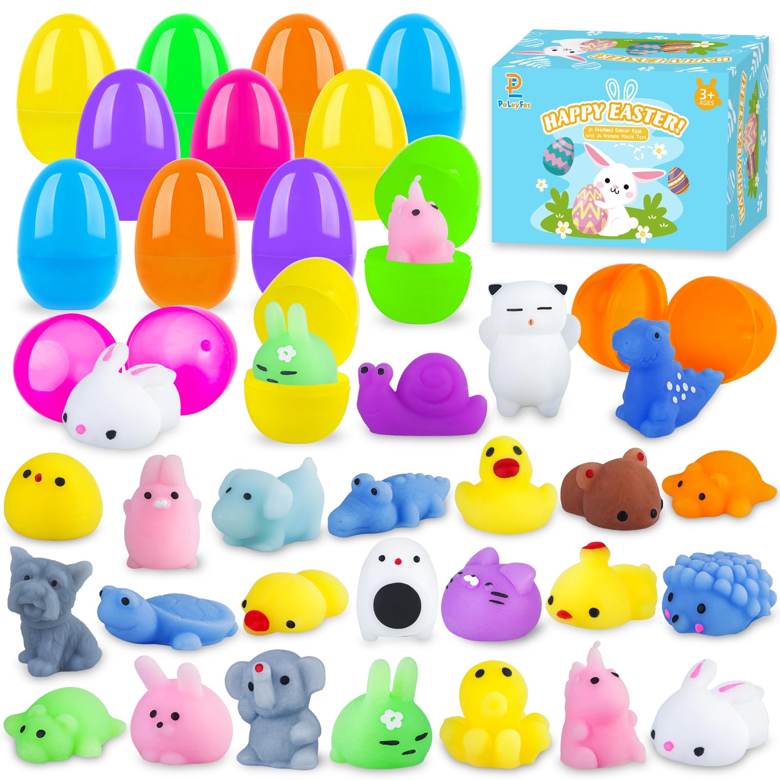 PaLeyFer 24-pack Easter eggs with squishy toys for kids, great for baskets.