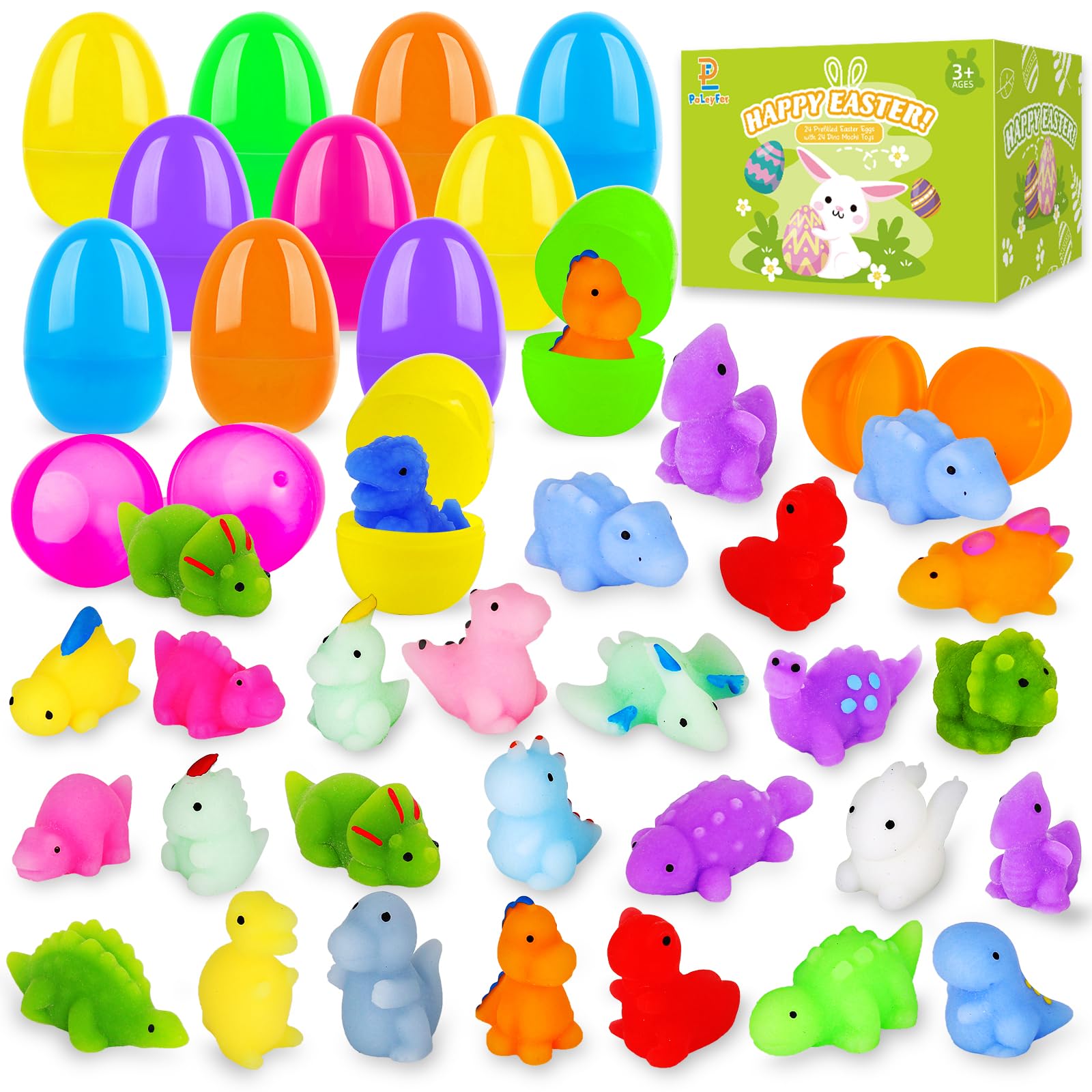 PaLeyFer 24-pack prefilled Easter eggs with colorful squishy dinosaur toys for kids' play and gifting