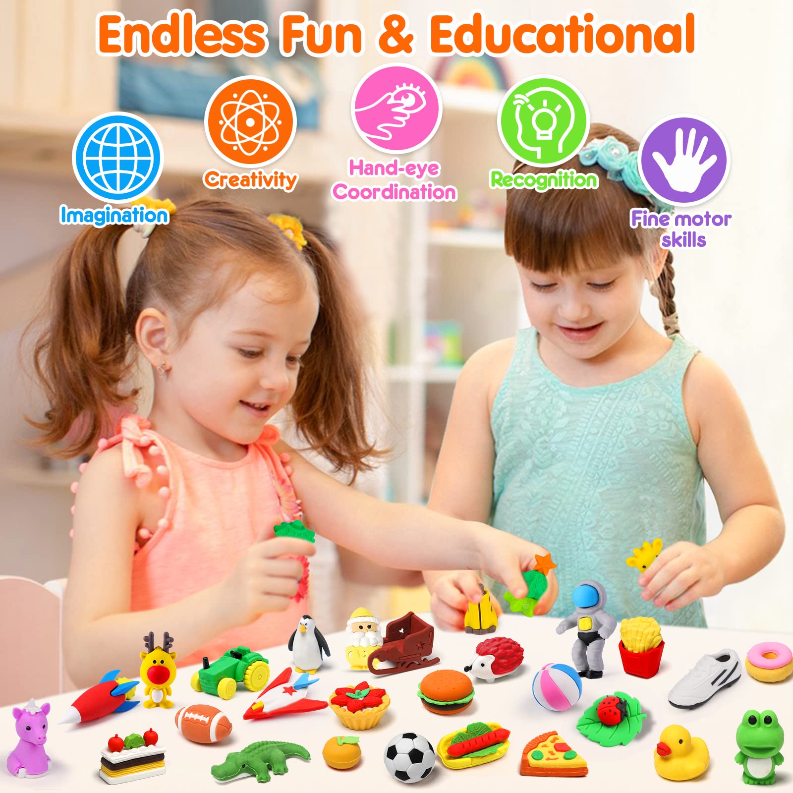 Palmatte non-toxic rubber erasers with detailed shapes for safe kids' use.