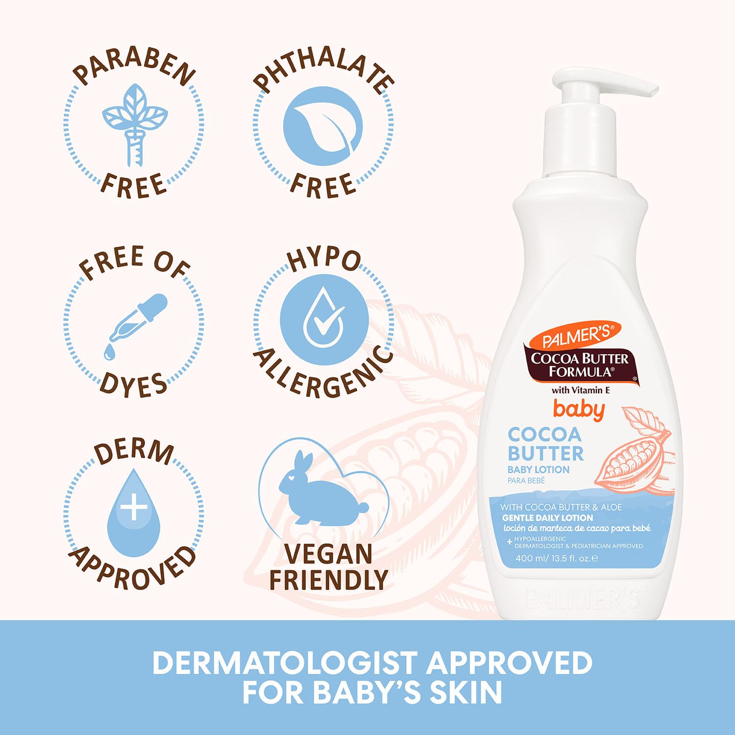 Palmer's Baby Lotion ingredients: cocoa butter, shea butter, vitamin E nourish delicate skin
