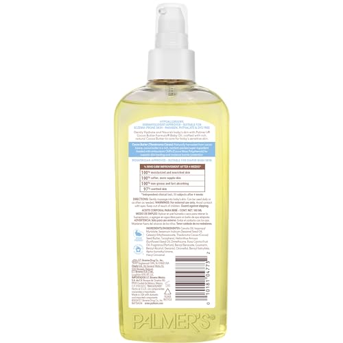 Palmer's Cocoa Butter baby oil delivers 48-hour moisture for soft skin.