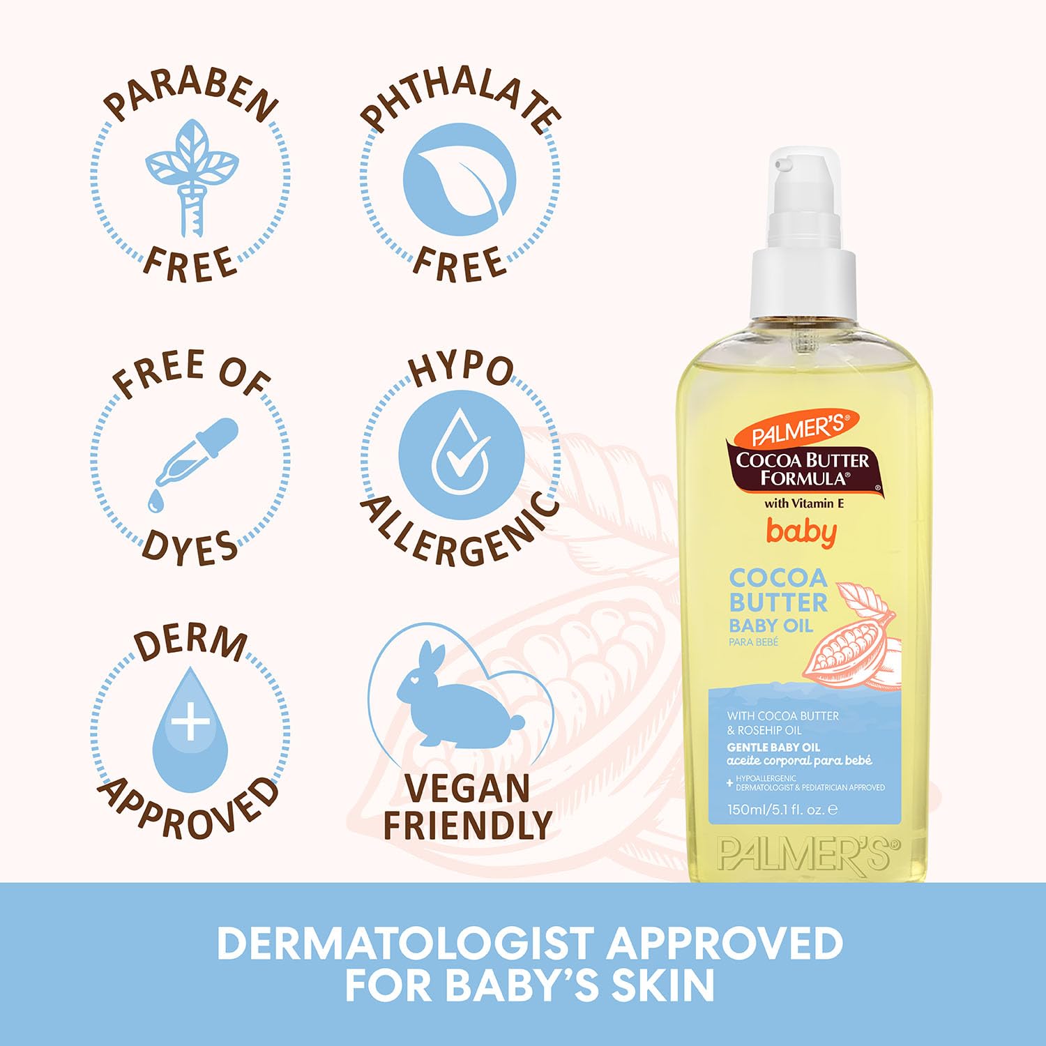 Non-greasy, fast-absorbing Palmer's baby oil for daily use.