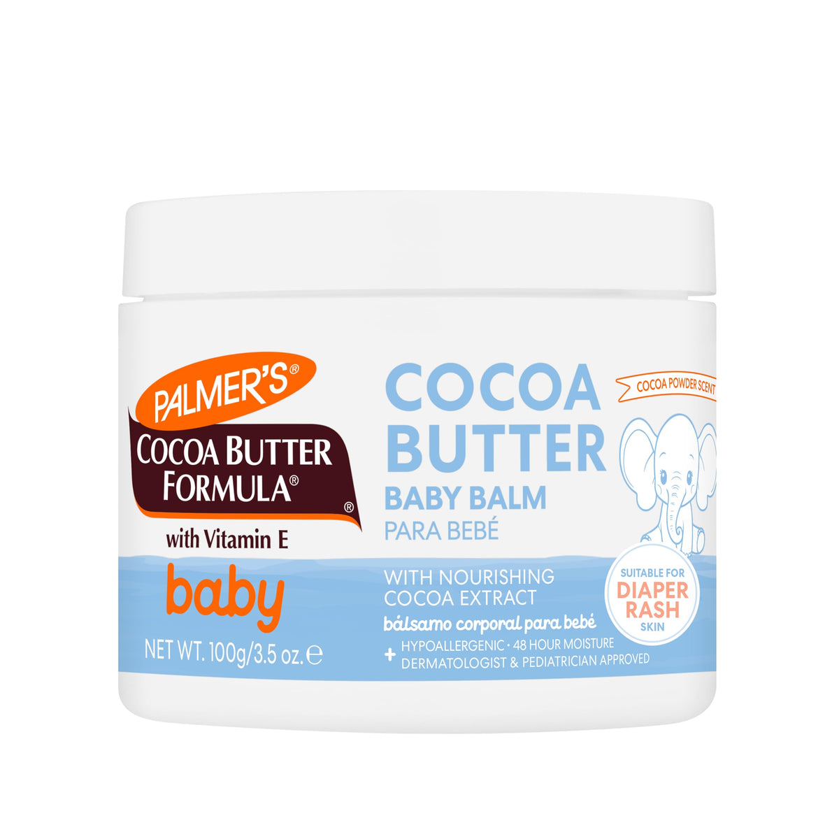Palmer's Baby Balm jar close-up highlighting cocoa butter for gentle hydration.