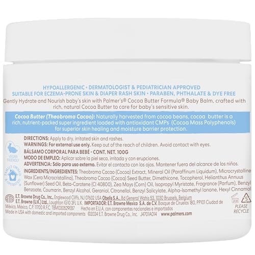 Palmer's Baby Balm label detail emphasizing hypoallergenic and dermatologist-tested safety.