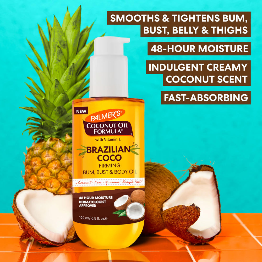 Applying Palmer's Coco Firming Oil on skin targets arms, belly and hips.