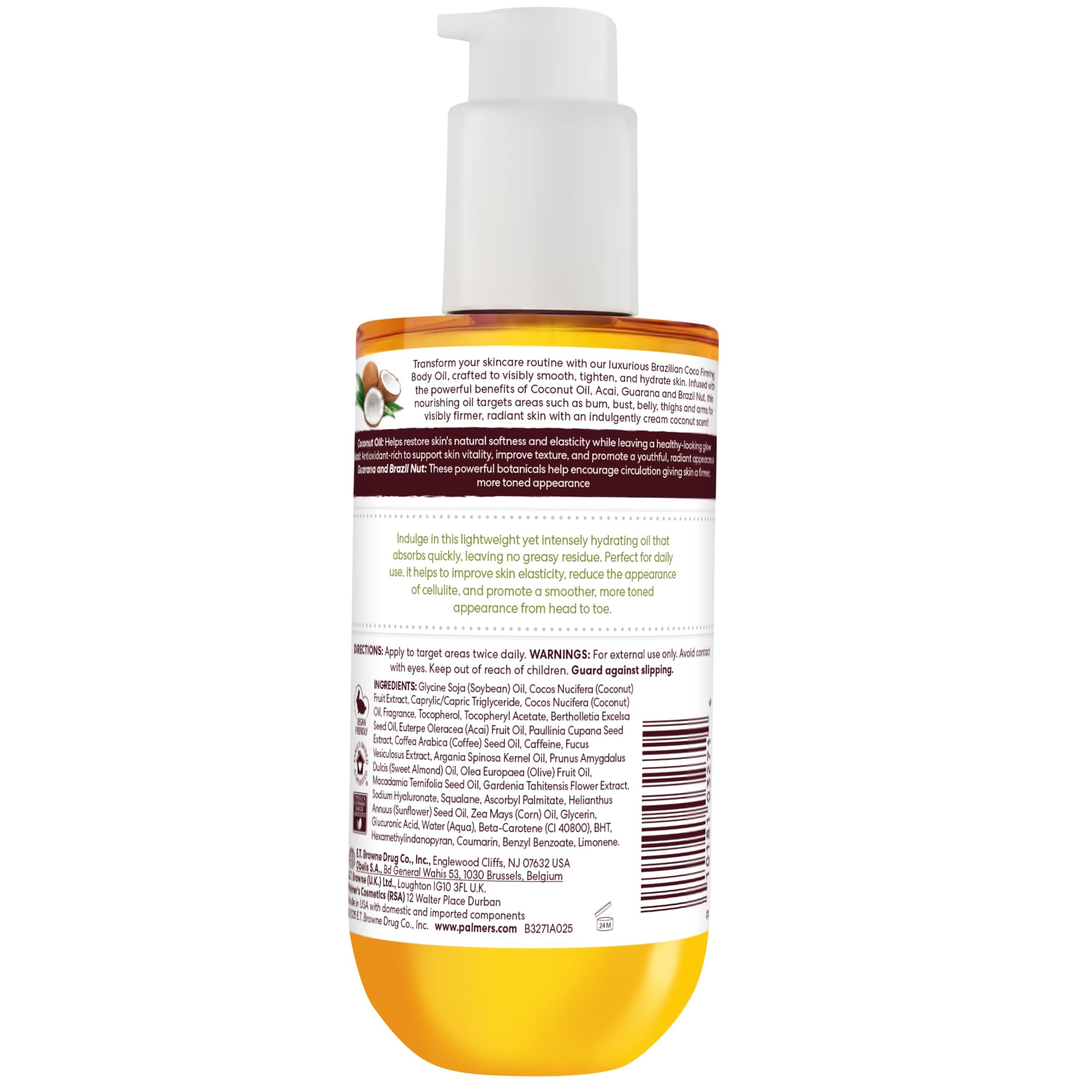 Vegan and cruelty-free emblem on Palmer's Coco Firming Oil packaging.