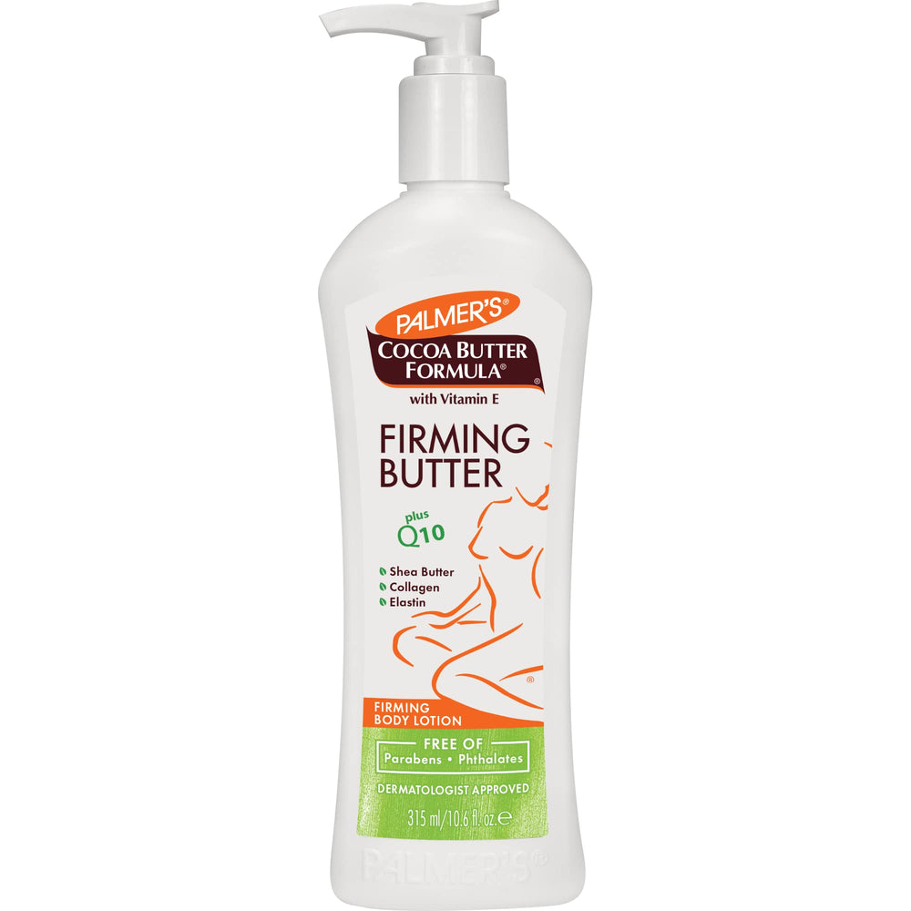 Palmer's Cocoa Butter Firming Butter bottle shows smooth texture and firming action