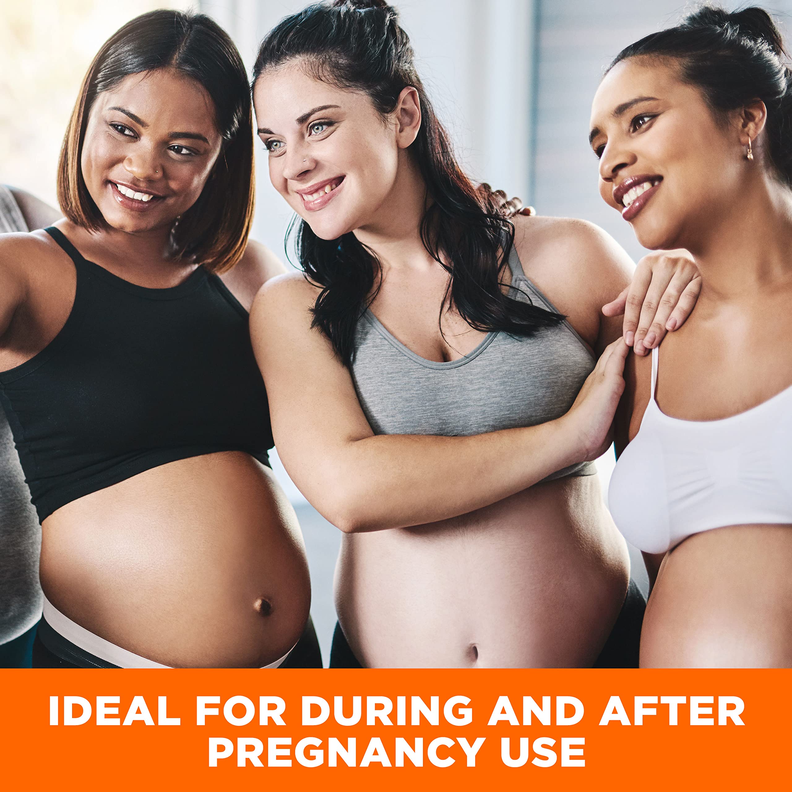 Pregnancy care scene featuring the lotion used on belly and hips for stretch mark care