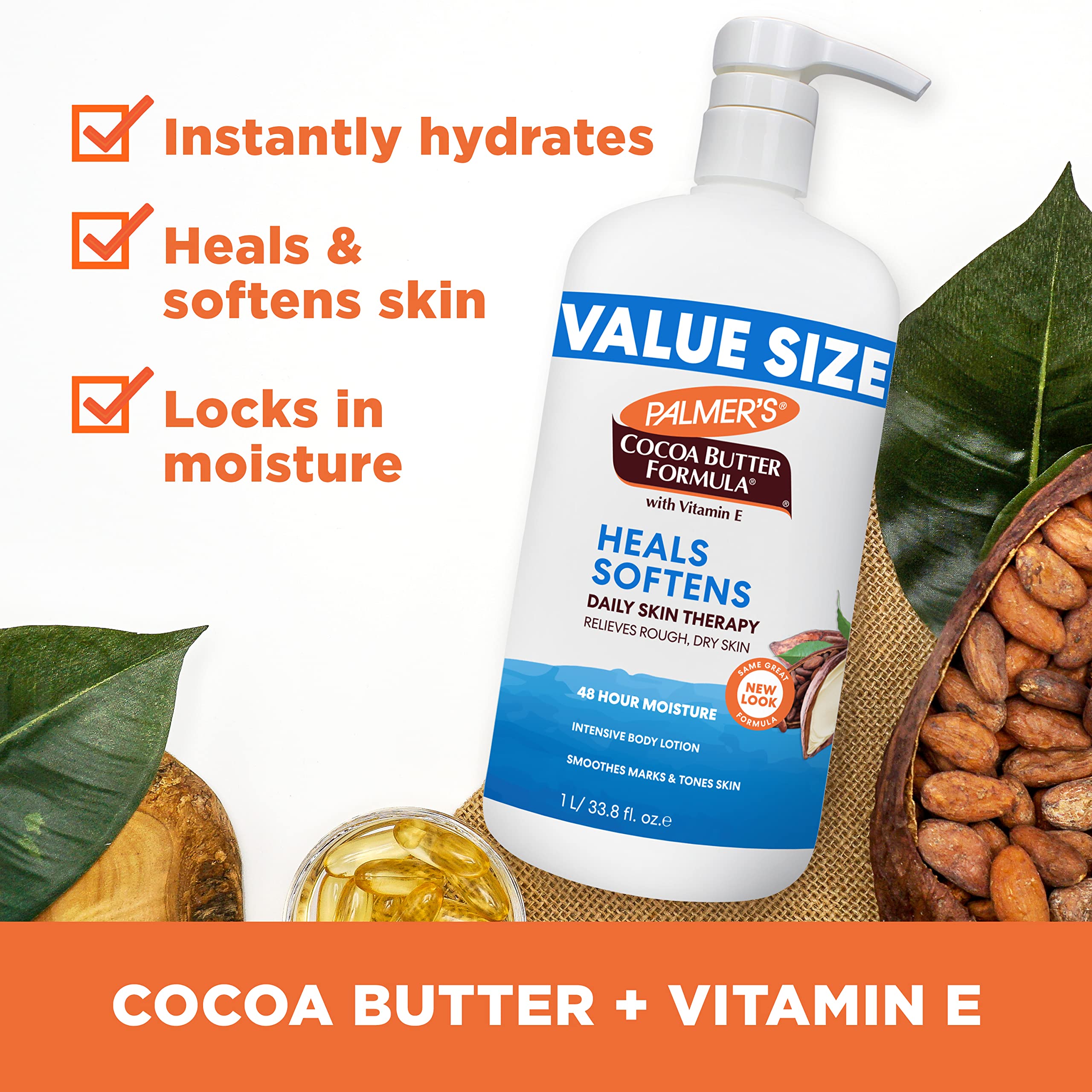 Graphic of cocoa butter, coconut oil, and shea butter blend in Palmer's formula.