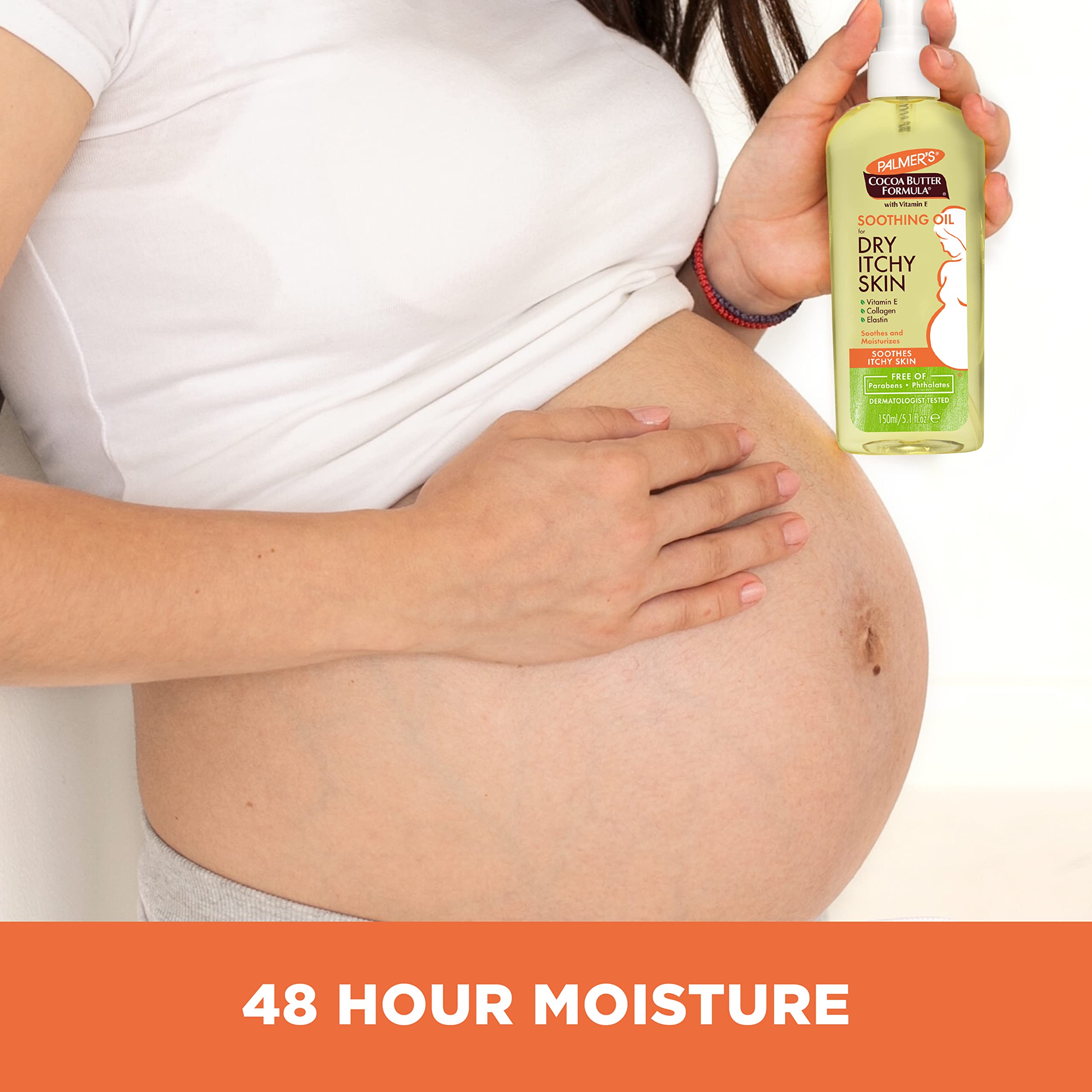 Vitamin E and cocoa butter ingredients highlighted in Palmer’s soothing oil