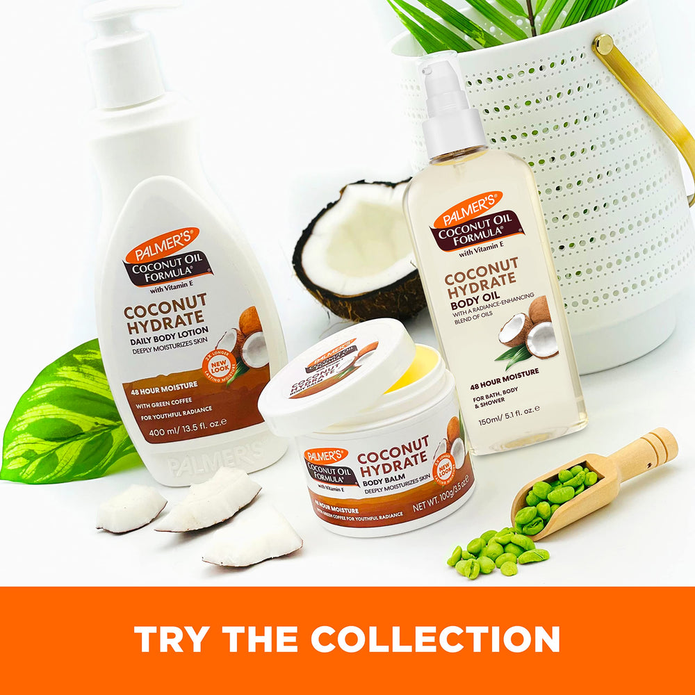 Palmer's ingredients image emphasizes fair trade coconut oil and natural blends.