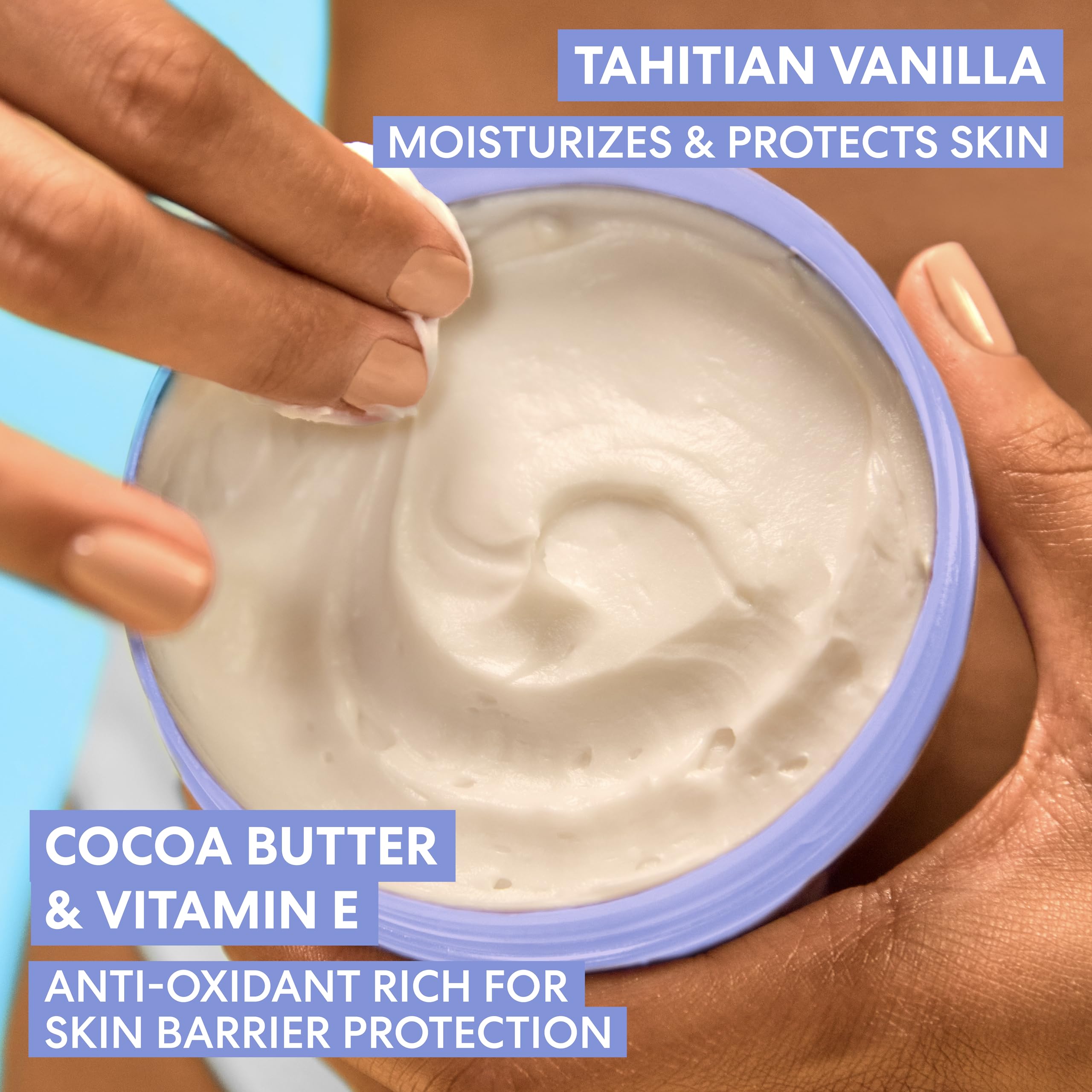 Label detail of shea butter, cocoa butter, and vitamin E ingredients.