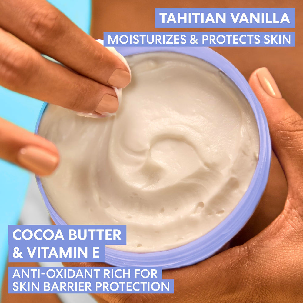 Label detail of shea butter, cocoa butter, and vitamin E ingredients.