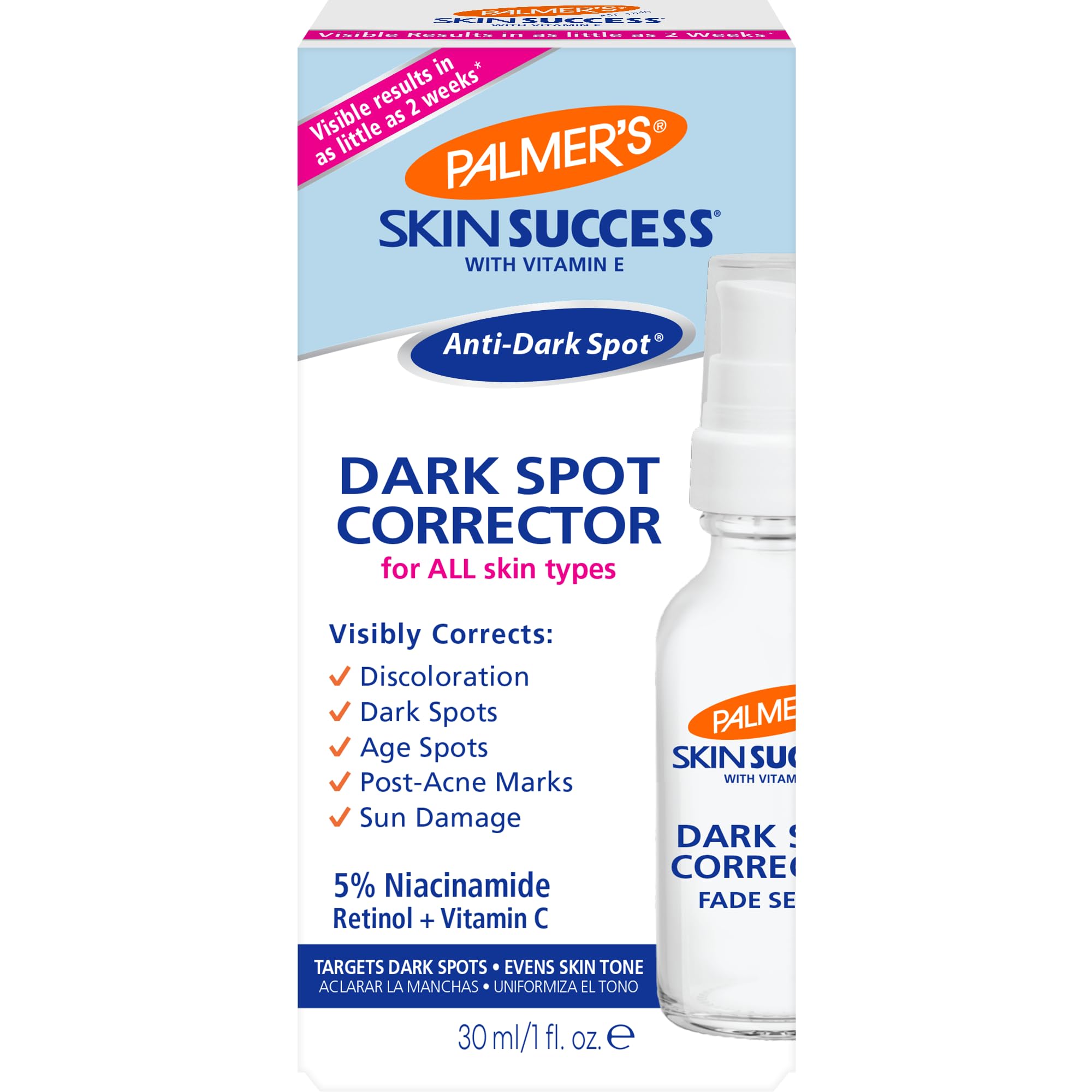 Palmer's Skin Success Dark Spot Corrector bottle on a vanity, focused on targeted fade of discoloration