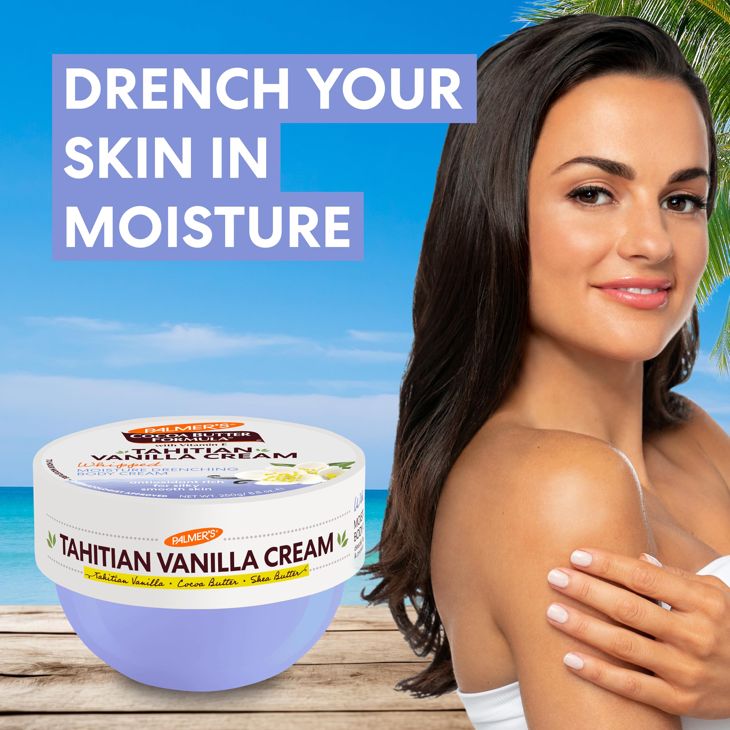 Tahiti vanilla beads suggesting tropical fragrance and vitamin-rich formula.