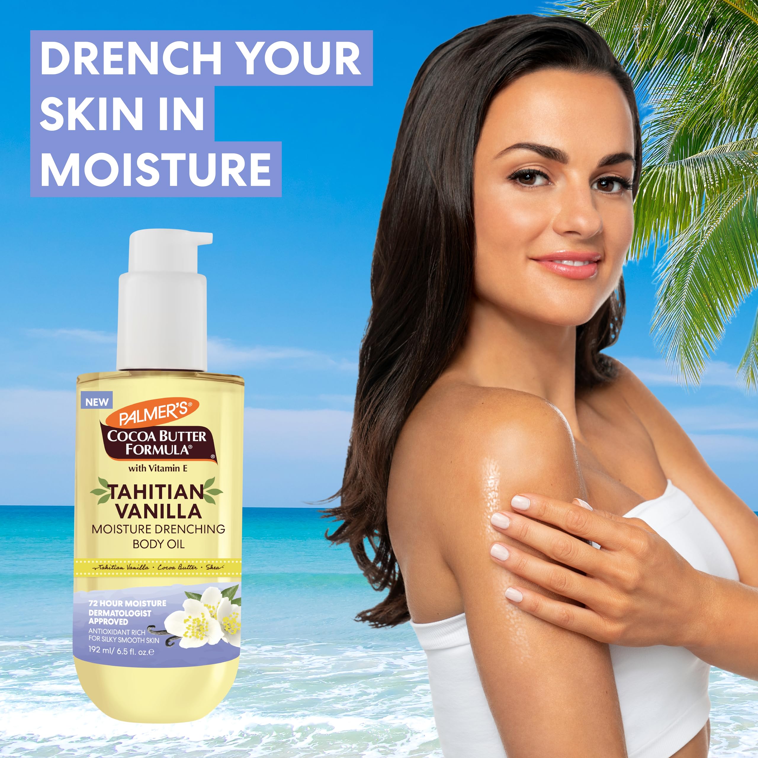 Palmer's Tahitian Vanilla Body Oil being massaged into skin for a silky glide.