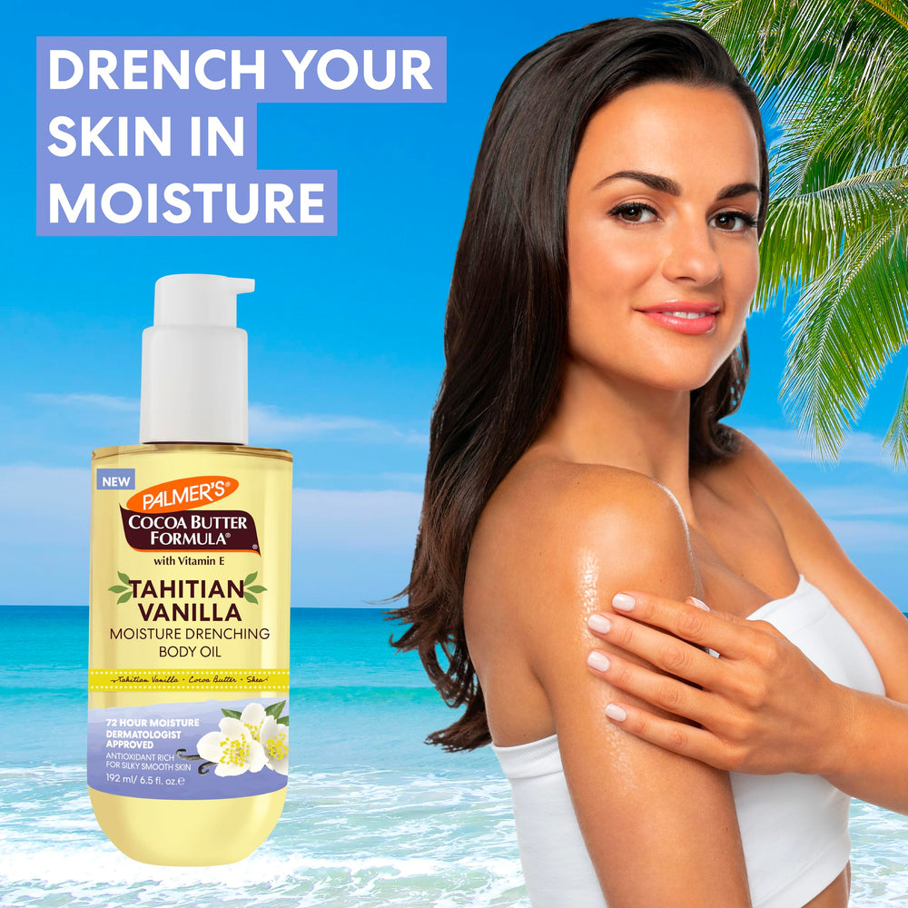 Palmer's Tahitian Vanilla Body Oil being massaged into skin for a silky glide.