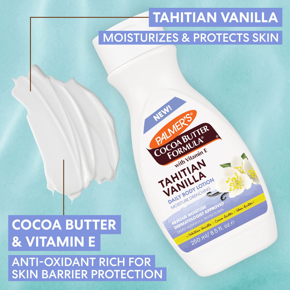 Palmer's vanilla lotion on a vanity top with warm lighting for home use
