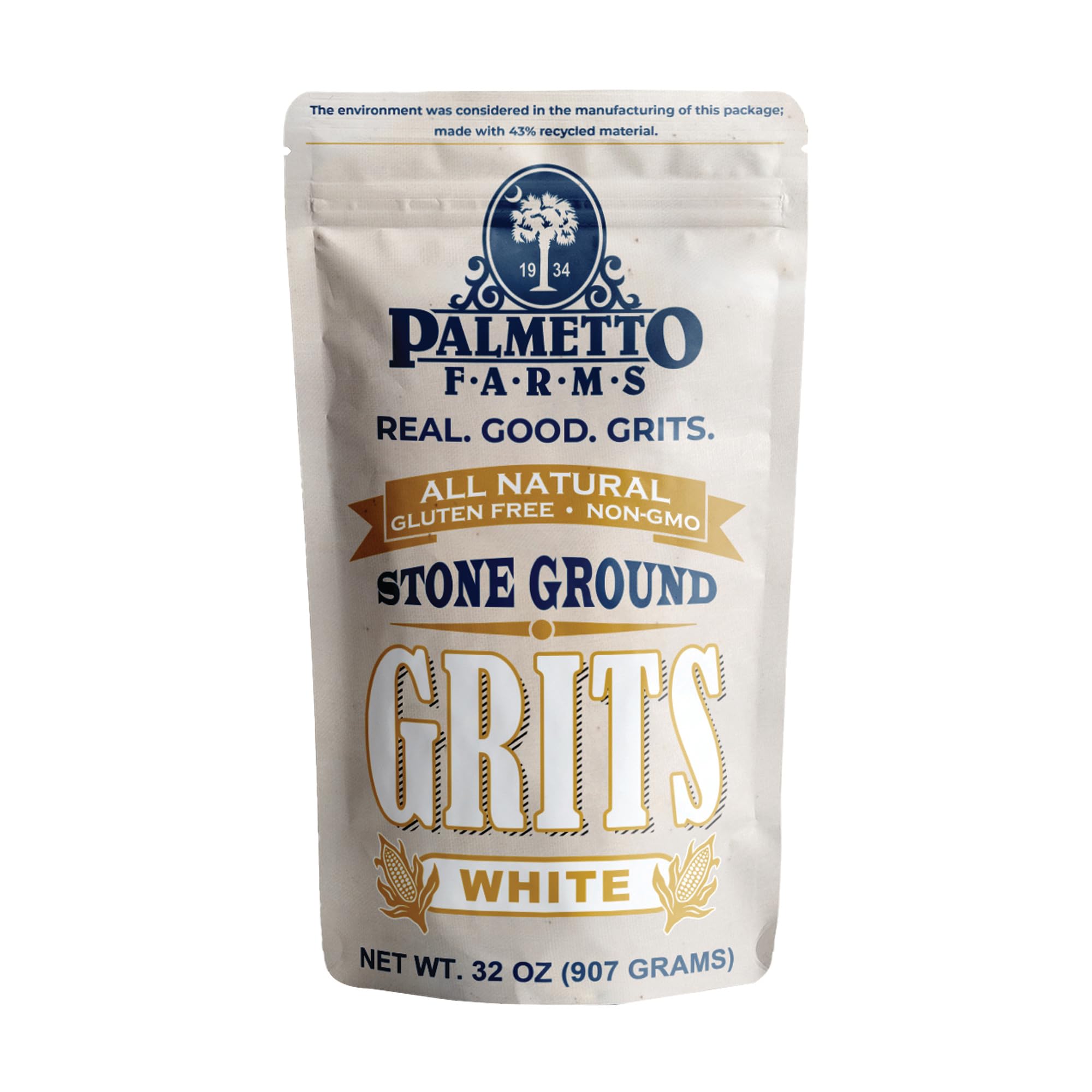 Palmetto Farms stone ground white grits in a bag, premium non-GMO flavor.