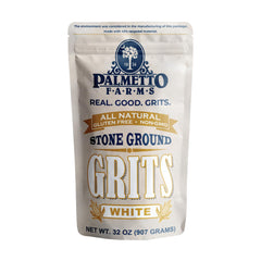 Palmetto Farms stone ground white grits in a bag, premium non-GMO flavor.