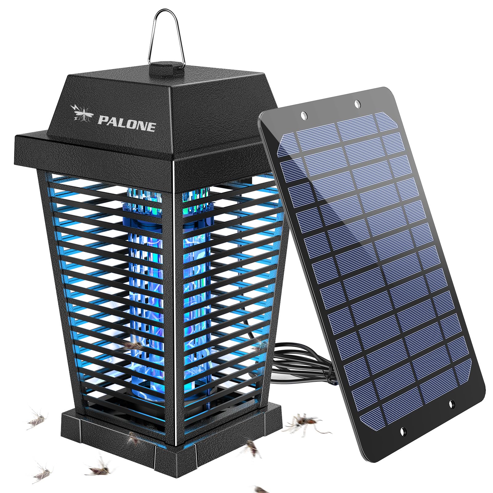 PALONE Solar Bug Zapper outdoors with hanging hook for easy placement against pests