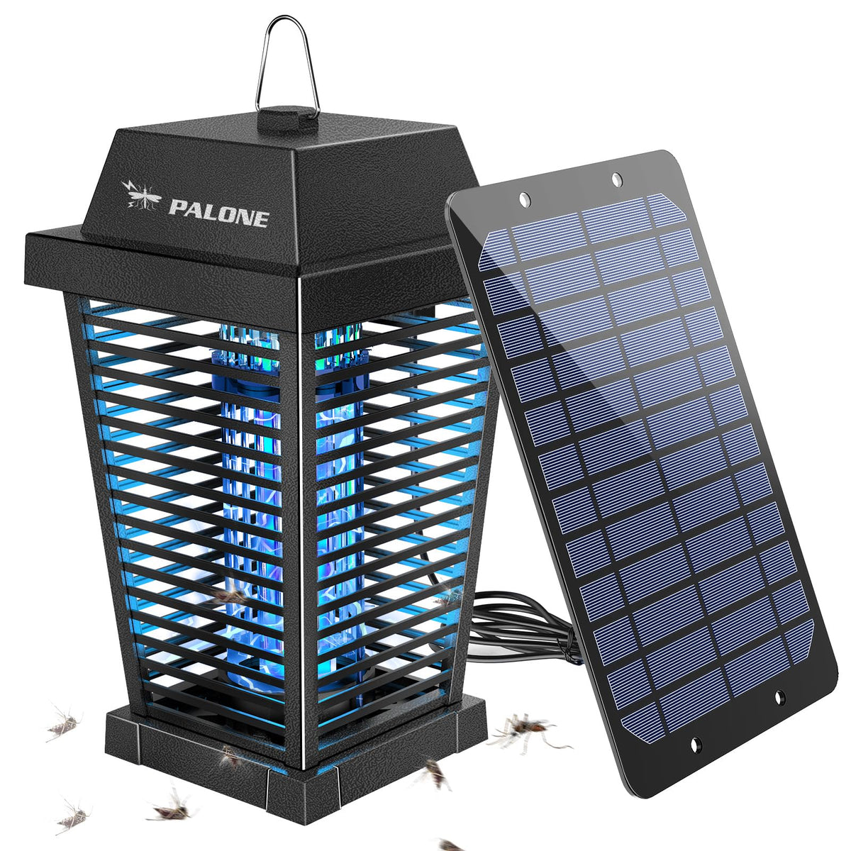 PALONE Solar Bug Zapper outdoors with hanging hook for easy placement against pests