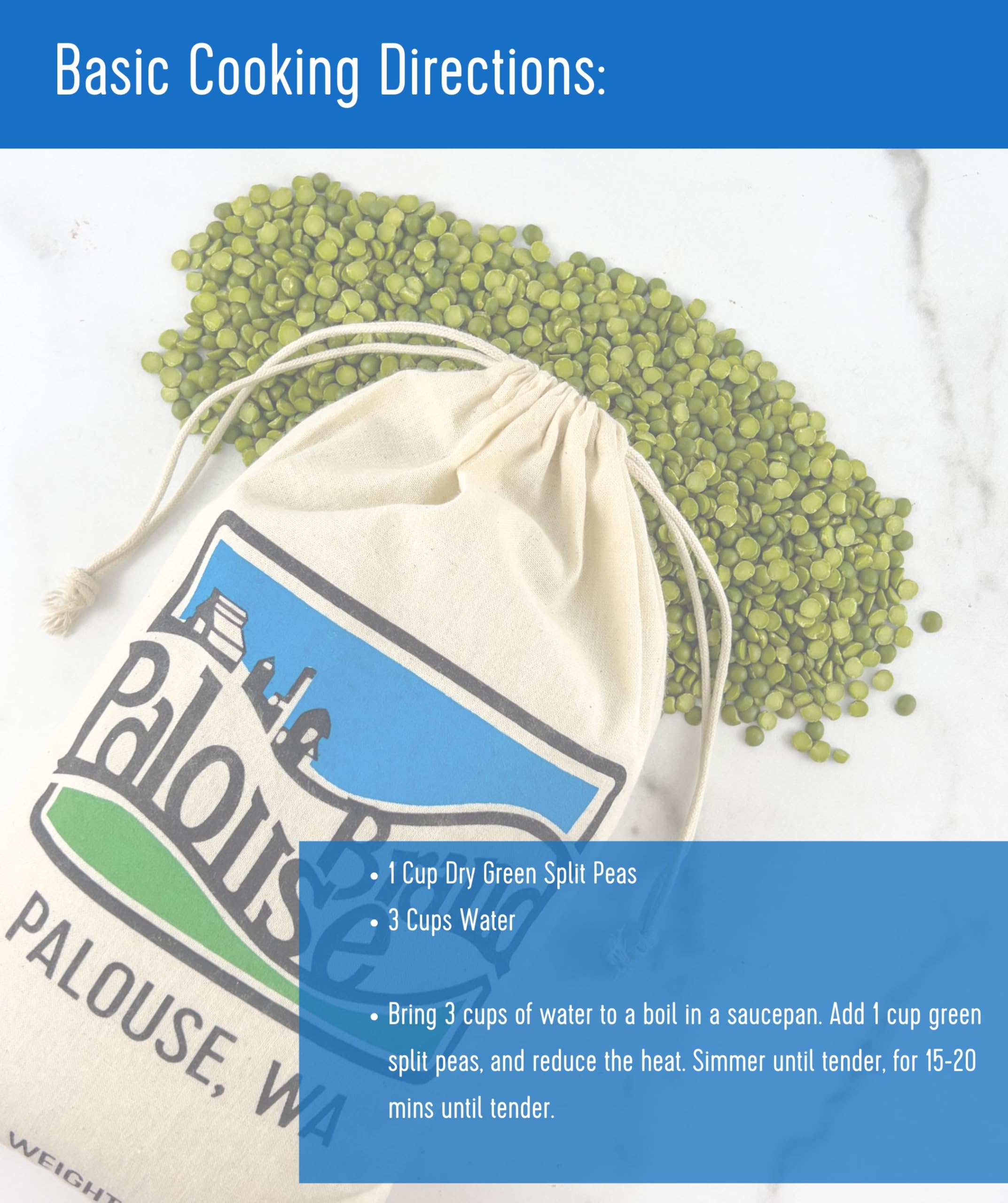 Palouse Brand green split peas cooking bowl demonstrates versatile use.