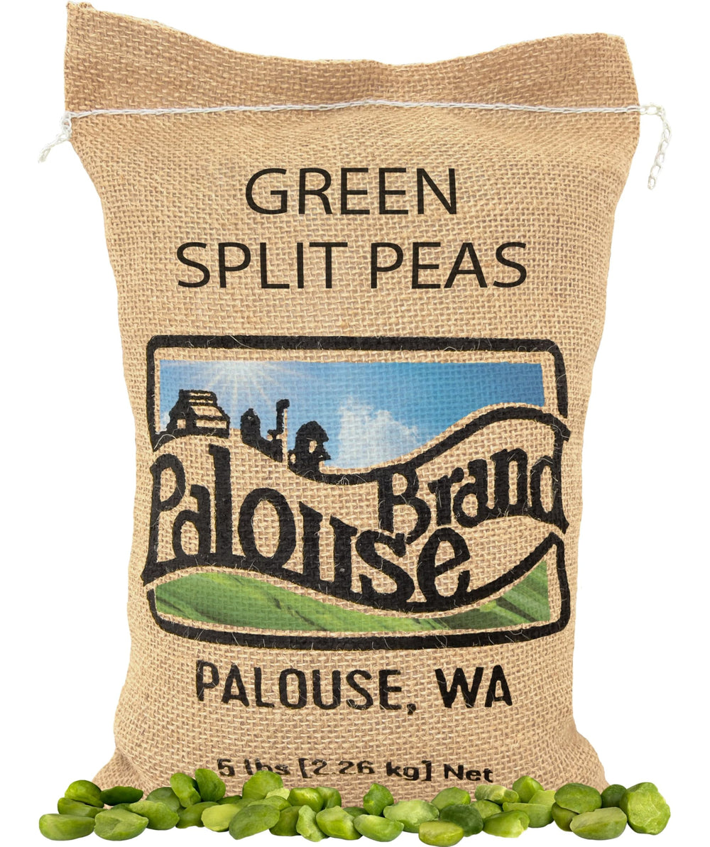 Palouse Brand green split peas front label showing glyphosate-free certification.