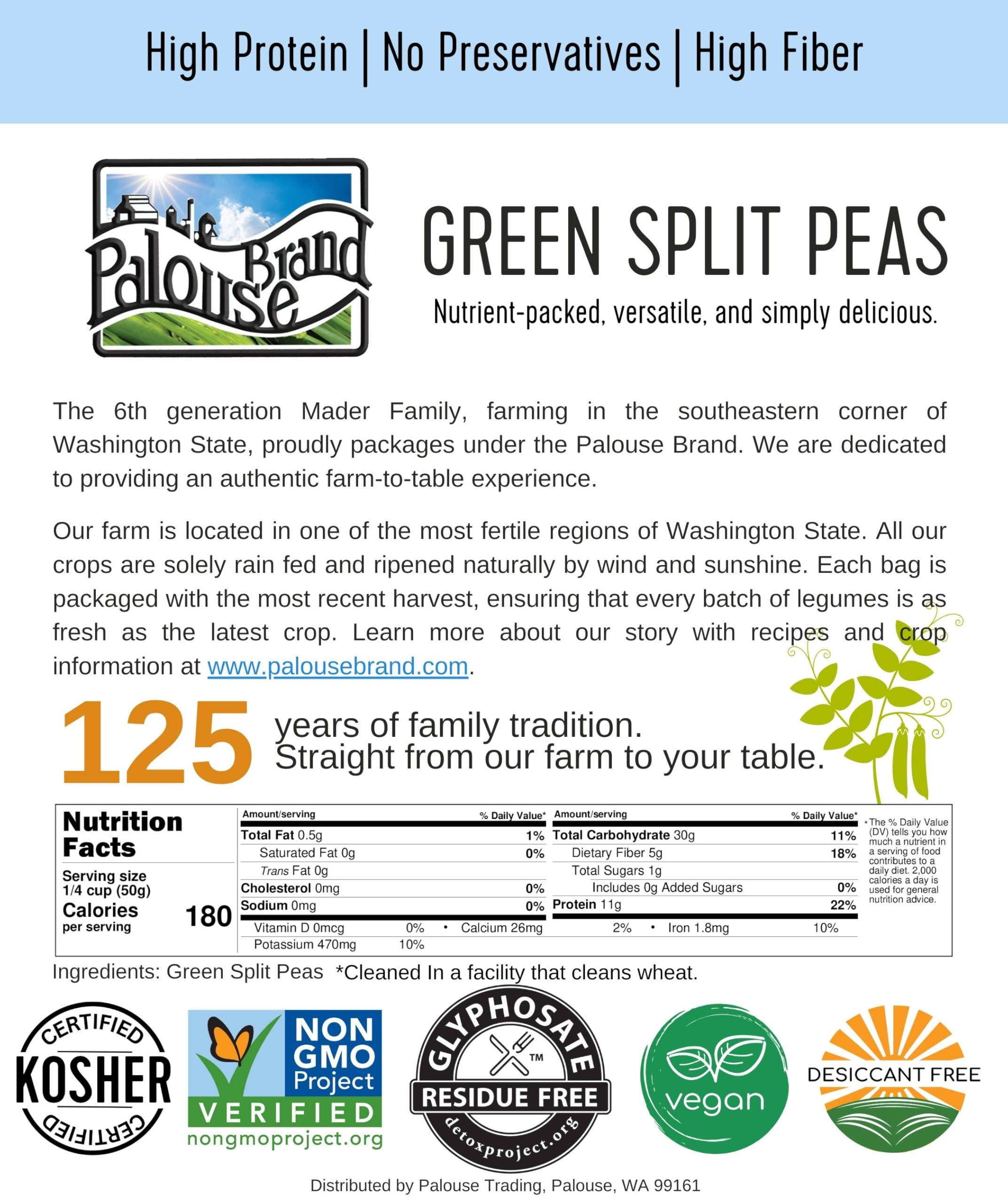 Palouse Brand green split peas on kitchen counter, pantry staple ready.