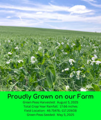 Palouse Brand green split peas open bag shows peas, triple-cleaned for purity.