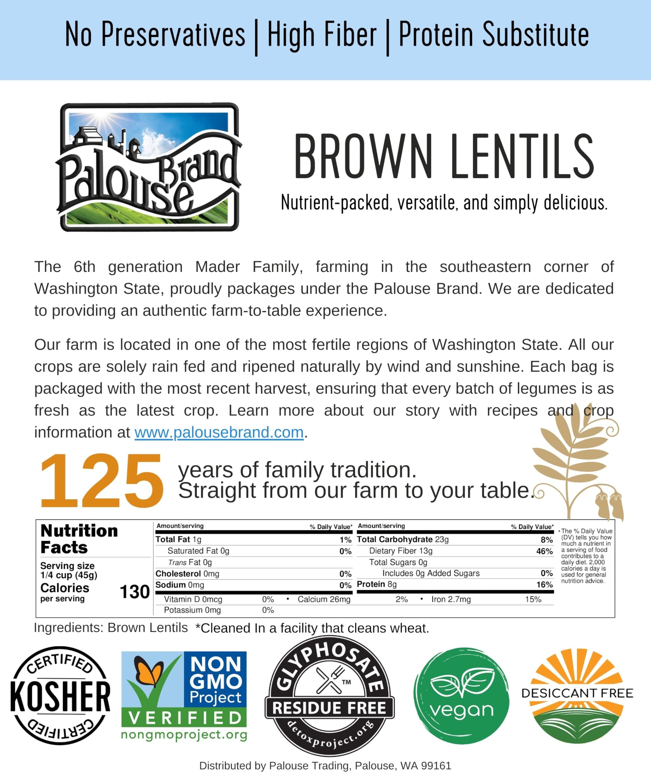 Palouse Brand kosher-certified lentils suitable for family meals and dietary observances.
