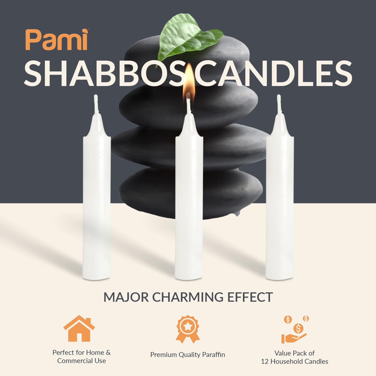 PAMI Shabbat taper candles in candlestick creating elegant unscented lighting