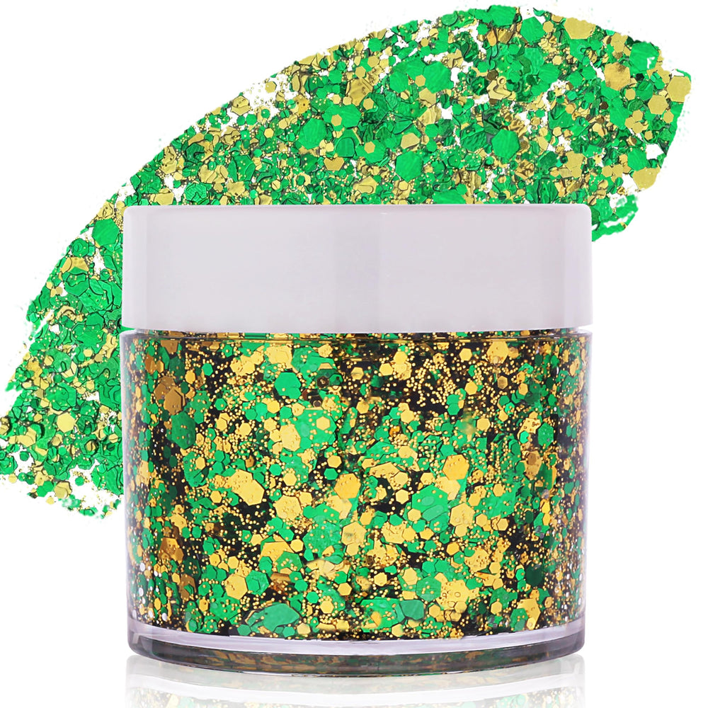 Paminify Green Glitter Gel for face and body with vivid green sparkle.