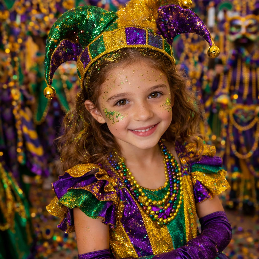 Paminify Mardi Gras glitter in green-gold tones for hair and accessories.