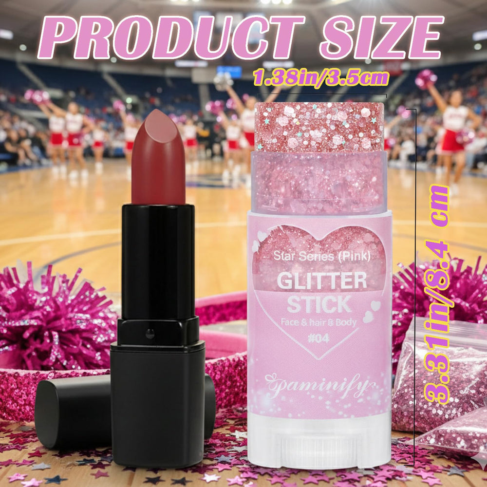 Paminify Pink Glitter Stick body swatch highlighting skin-friendly shimmer.