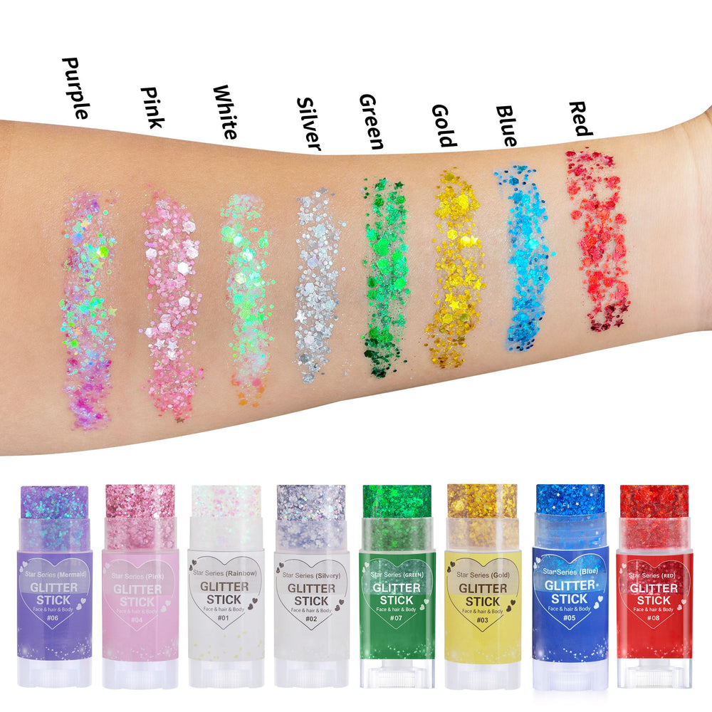 Paminify Rainbow White Glitter Stick suits mermaid and fairy makeup looks.