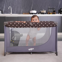Pamo Babe soft mattress pad inside the play yard for comfort.