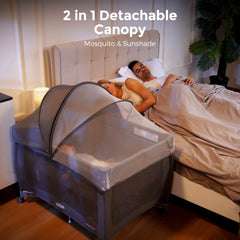 Pamo Babe mosquito-net canopy provides insect protection and soft light.