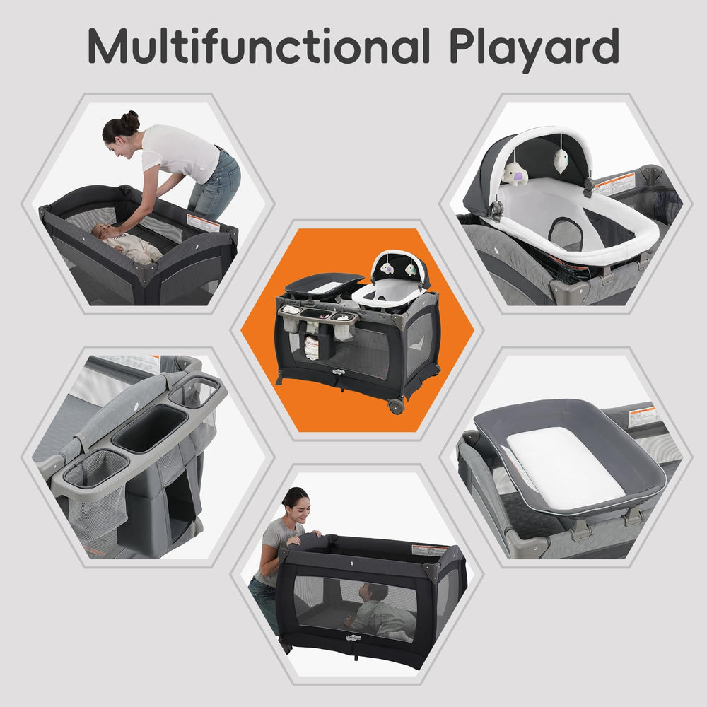 Pamo Babe portable playyard folds flat for space-saving storage.