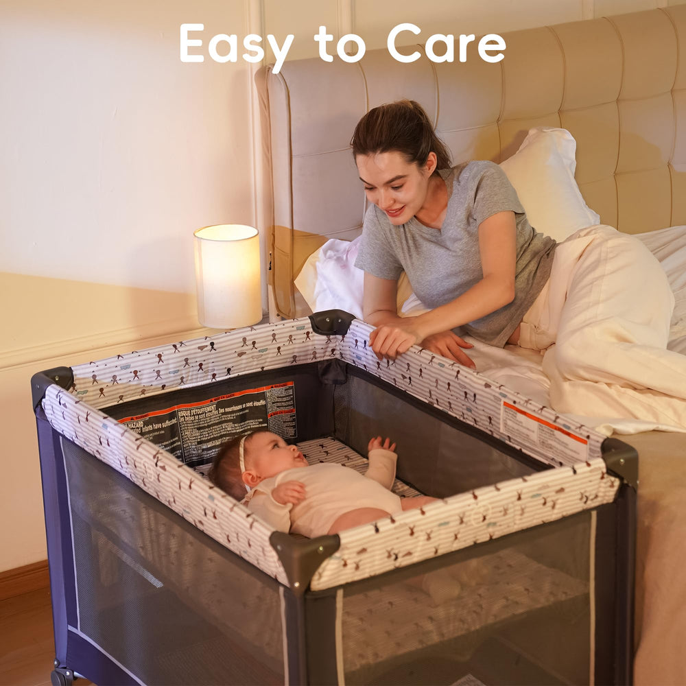 Pamo Babe Pack and Play breathable-mesh provides visibility and airflow.
