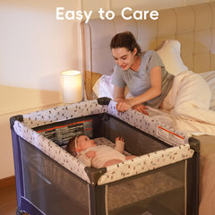 Pamo Babe Pack and Play breathable-mesh provides visibility and airflow.